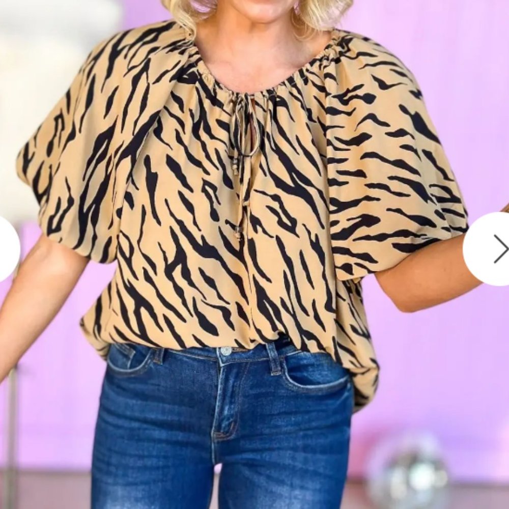 Entro Camel Black Animal Print V Neck Boxy Top